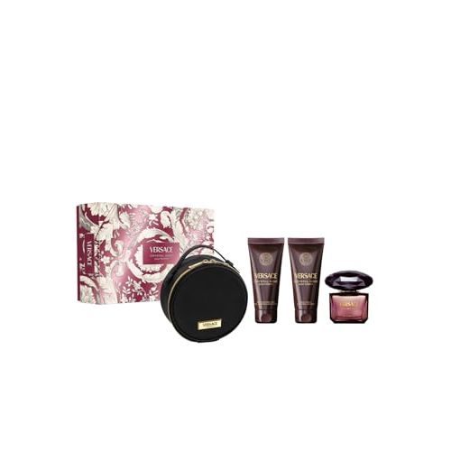 Versace Crystal Noir Fragrance Gift Set, 4-Piece 3.0 oz Eau De Parfum, 3.4 oz Body Lotion, 3.4 oz Shower Gel, Makeup Case